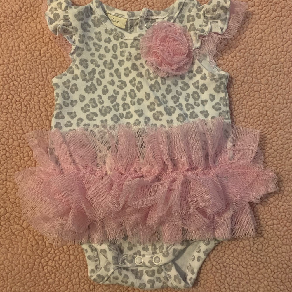Gray leopard print with pink ruffles onesie